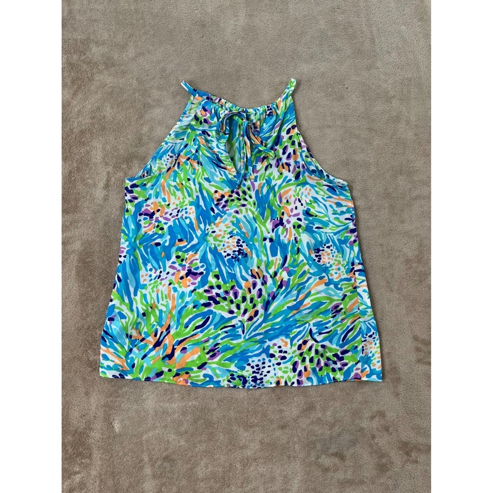 Lilly Pulitzer Halter Neck Tank Top Blue Green Abstract Print 69070 Women M
